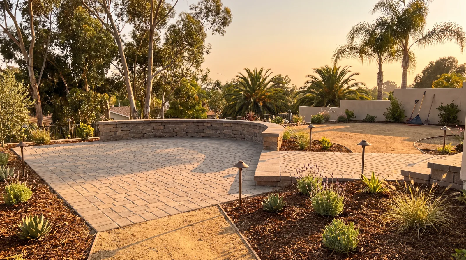Completed San Diego backyard remodel with paver patio, stack Completed San Diego backyard remodel with paver patio, stacked stone seat wall and landscape lighting