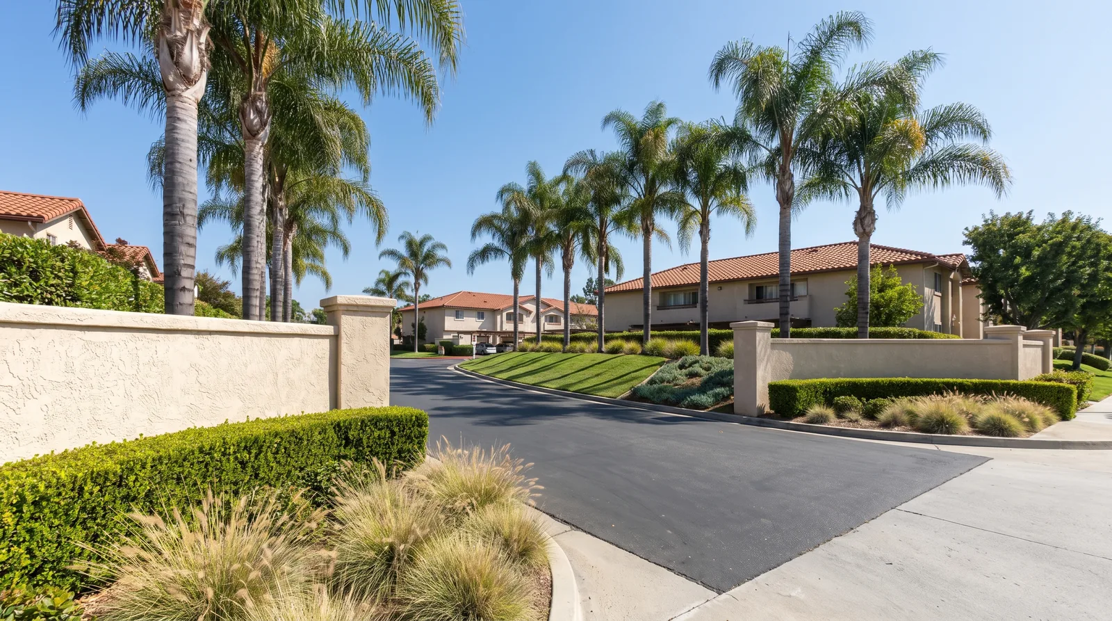 Landscaped entrance to a San Diego multi-family residential Landscaped entrance to a San Diego multi-family residential community maintained by Premier LandTechs
