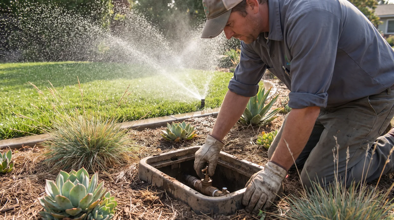Irrigation technician adjusting a valve while a sprinkler he Irrigation technician adjusting a valve while a sprinkler head runs at a San Diego property