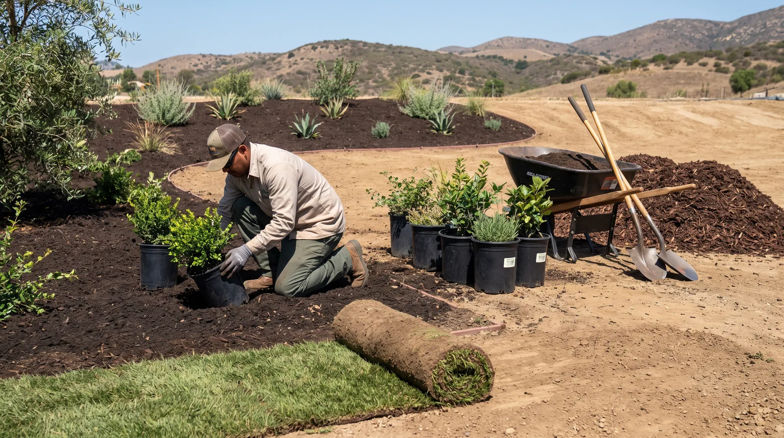 Premier LandTechs crew installing new shrubs, mulch and sod Premier LandTechs crew installing new shrubs, mulch and sod during a San Diego landscape installation