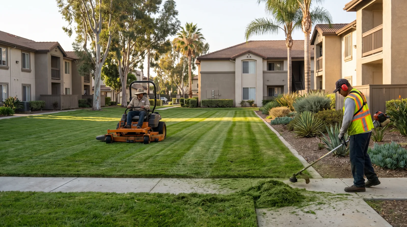 Landscape maintenance crew mowing and edging turf at a San D Landscape maintenance crew mowing and edging turf at a San Diego multi-family community