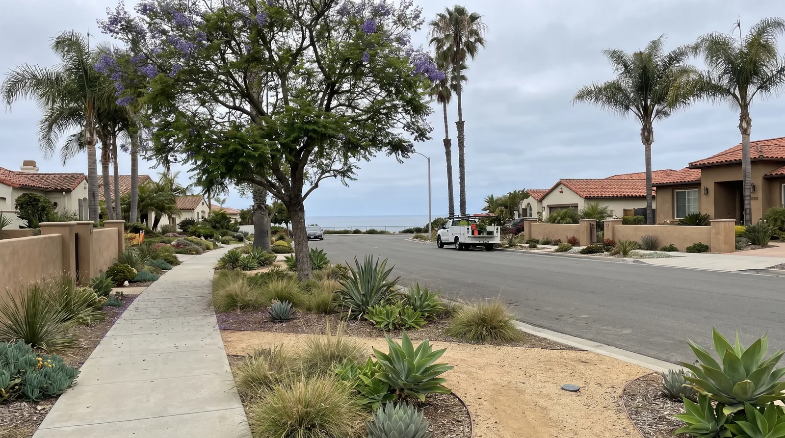 Coastal North County San Diego street with landscaped parkwa Coastal North County San Diego street with landscaped parkways and drought-tolerant plantings