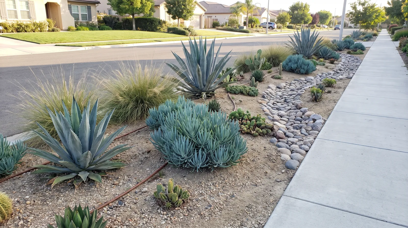 Drought-tolerant turf conversion with agave, ornamental gras Drought-tolerant turf conversion with agave, ornamental grasses and decomposed granite on a San Diego parkway